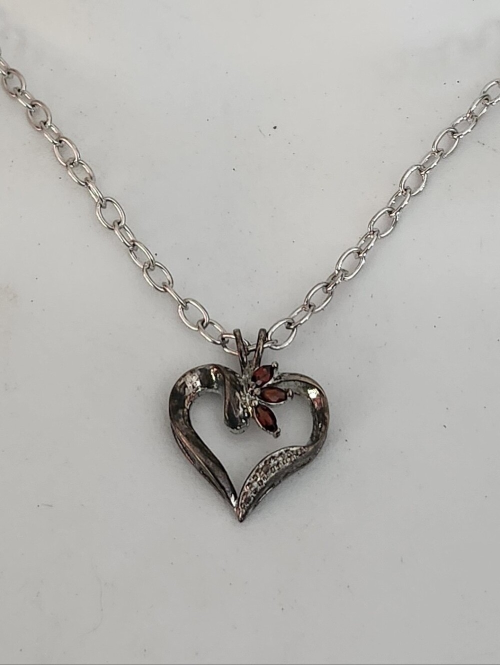 Delicate Sterling Silver Open Heart Pendant Necklace with Red Garnets